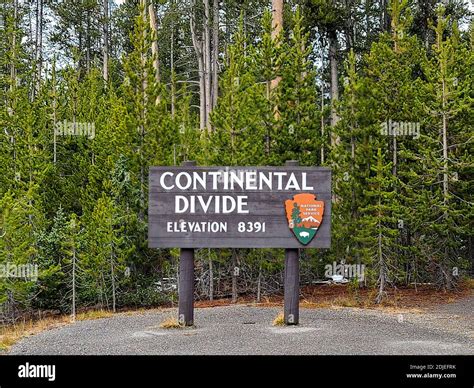 Continental Divide sign in Yellowstone National Park, Wyoming is near ...