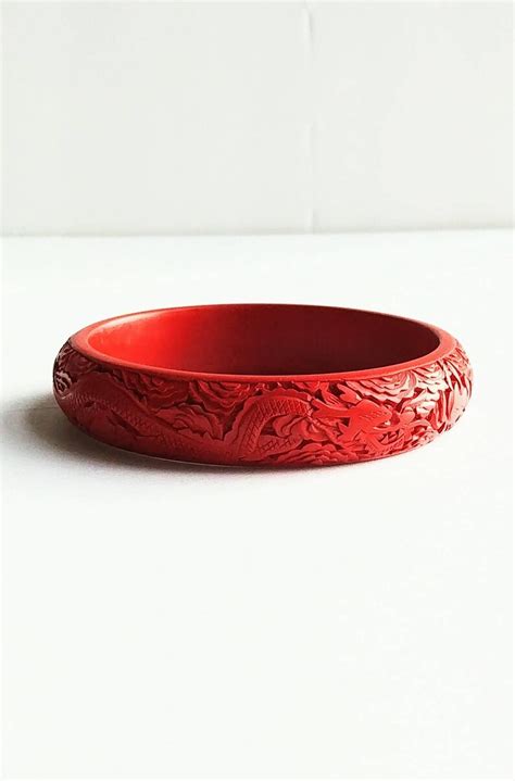 Vintage Carved Lacquer Cinnabar Bracelet/bangle,dragon,red,lacquerware ...