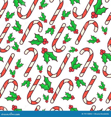 Vector Seamless Pattern. Candy Canes and Holly Berry. Christmas Wrapping Paper Design Stock ...