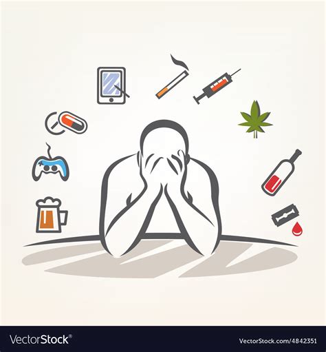 Addict man and set addiction symbols outlined Vector Image