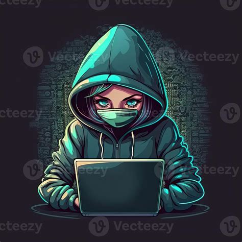 Cute girl hacker with laptop. Avatar in cartoon style. Balck backdrop ...