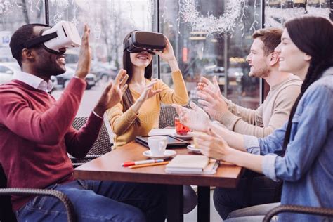 Cheerful Four Friends Playing in VR Stock Image - Image of gadget ...