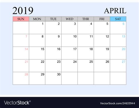 2019 calendar april schedule planner organizer Vector Image