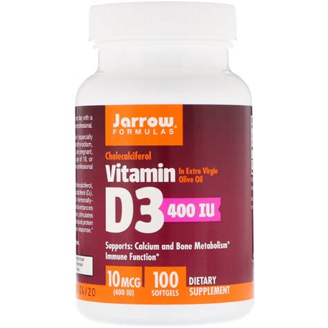 Jarrow Formulas, Vitamin D3, Cholecalciferol, 400 IU, 100 Softgels | By ...