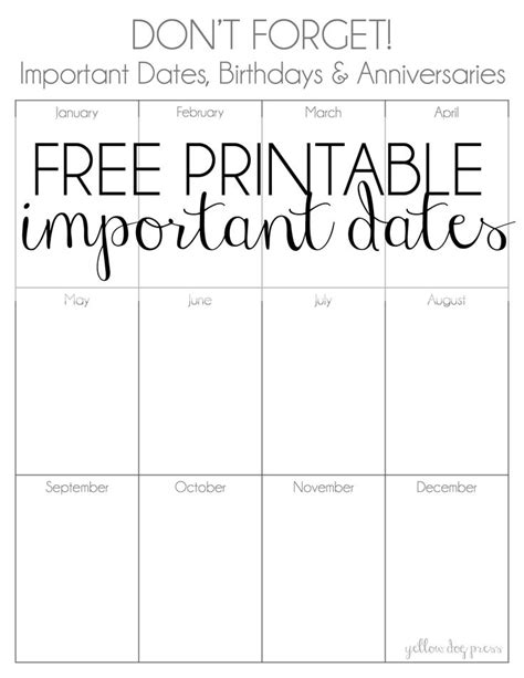 Free Printable - Important Dates | Free printables, Organization planner printables, Important dates