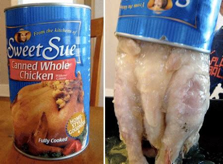 14 Strangest Canned Foods - canned whole chicken, hamburguer can - Oddee