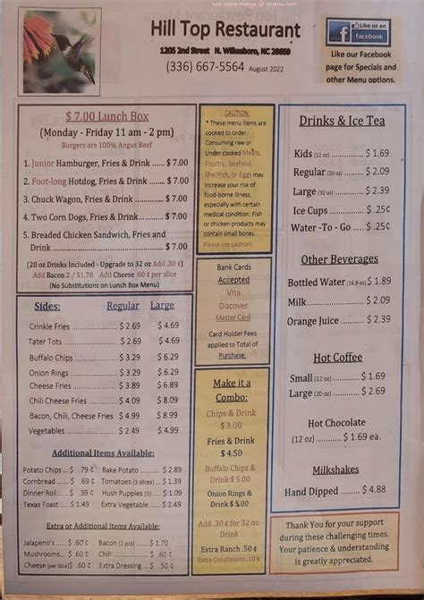 Menu at Hilltop Restaurant, North Wilkesboro