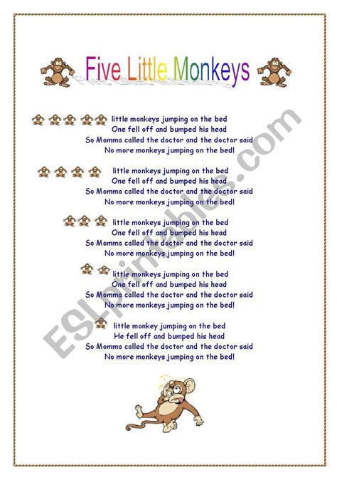 Five little monkeys song lyrics - ESL worksheet by phrallis