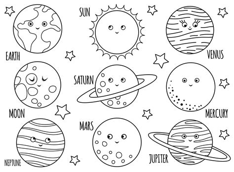 planetas vetoriais em preto e branco definidos para crianças. ilustração de contorno da terra ...