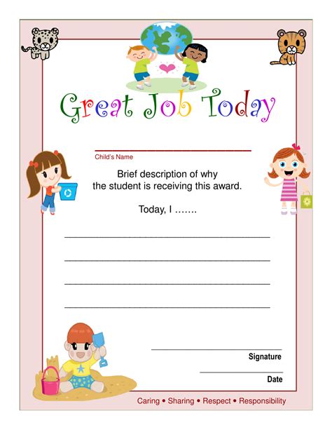 Great Job Certificate Template for Kids Download Printable PDF | Templateroller