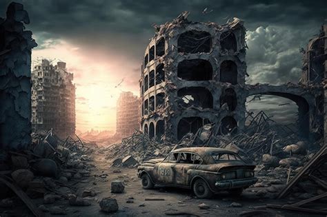 Premium Photo | Ruins of a city totally destroyed during the third nuclear world war foggy sky ...