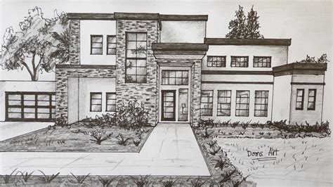 Modern House Drawing in 1 point perspective by Doms Art | Architecture drawing plan ...