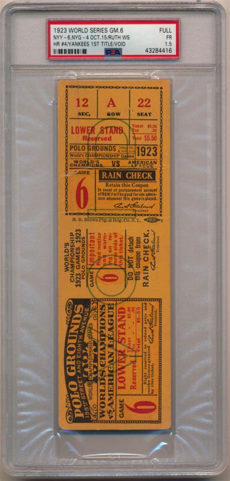 1923 New York Yankees First World Series Win Game 6 Ticket (PSA 1.5 ...