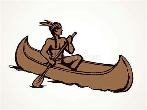 Native American in a Canoe. Vector Drawing Stock Vector - Illustration of paddle, american ...