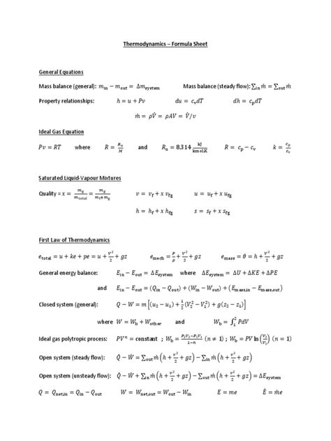 Thermodynamics - Formula Sheet