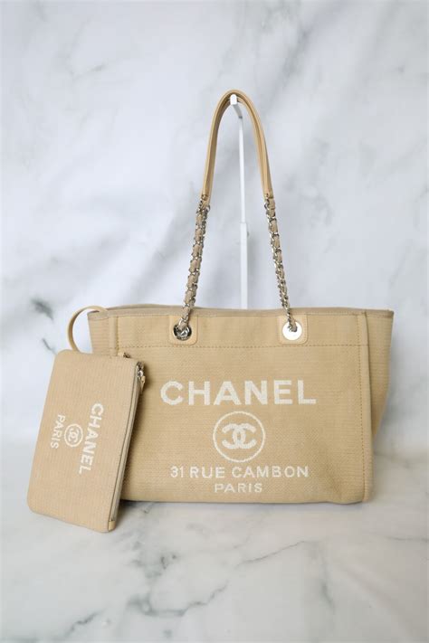 Chanel Deauville Tote Small, Beige with Silver Hardware, Preowned in ...