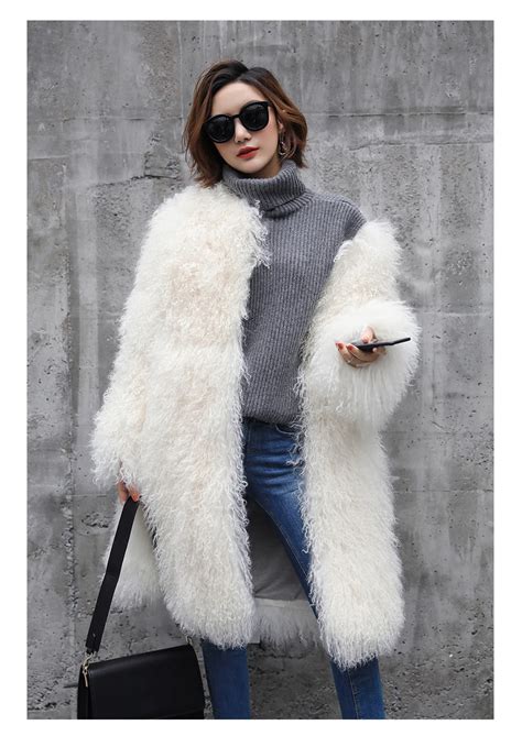 100 cm White mongolian sheep lamb fur coat large outwear Long Fur coats women womens 2018 parka ...