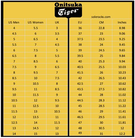 Onitsuka Tiger Shoes Size Chart Men's & Women's - Soleracks