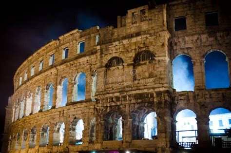 The Pula Arena, Ancient Roman Amphitheatre in Croatia at Night. it is ...