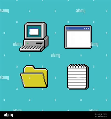 Vector pixel art retro computer monitor with keyboard, opened application window, directory ...