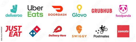 Food delivery service logos company: Deliveroo, Uber Eats, Doordash, Glovo, Just Eat, Grubhub ...