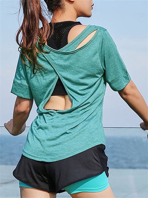 SAYFUT Workout Shirts for Women's Dry Fit Open Back Athletic Exercise ...