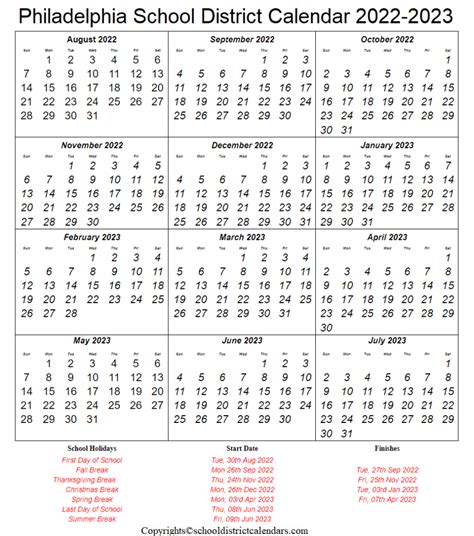 Philadelphia School District Calendar 2022-2023 With Holidays in PDF