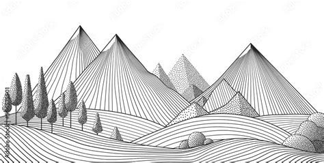 Mountain landscape of vector line art. Minimal outline vector background with mountain ranges ...