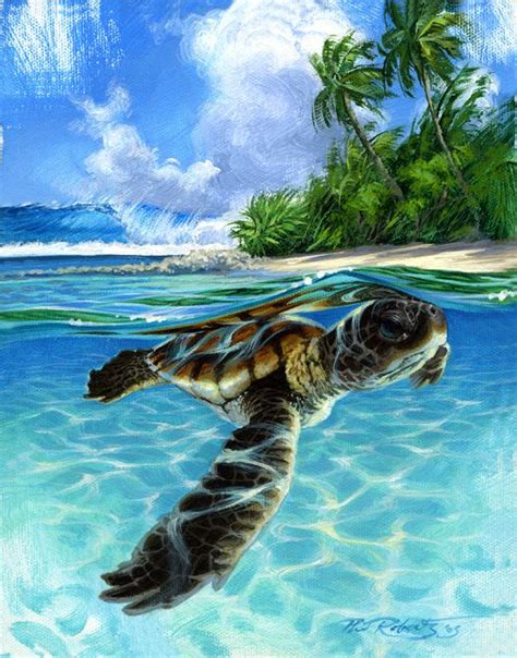 turtle art | Baby Sea Turtle Swimming, surf art painting by Phil Roberts | ART | Pinterest