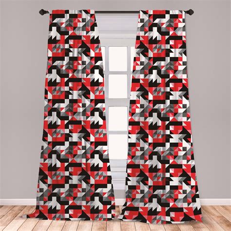 Red and Black Curtains 2 Panels Set, Abstract Geometric Half Triangles Squares Maze Inspired ...