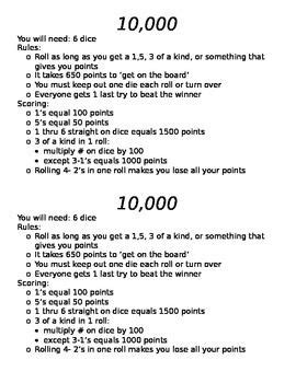 10,000 the Dice Game | Dice games, Dice game rules, Fun card games