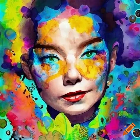 Colorful cartoon of bjork on Craiyon