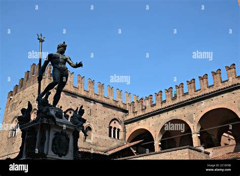 low angle view of the Neptune statue in the Neptune square in Bologna ...