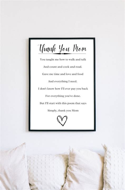 Thank You Mom Poem Printable Handmade DIY Thankyou Unique Gift for Mom of the Bride of the Groom ...