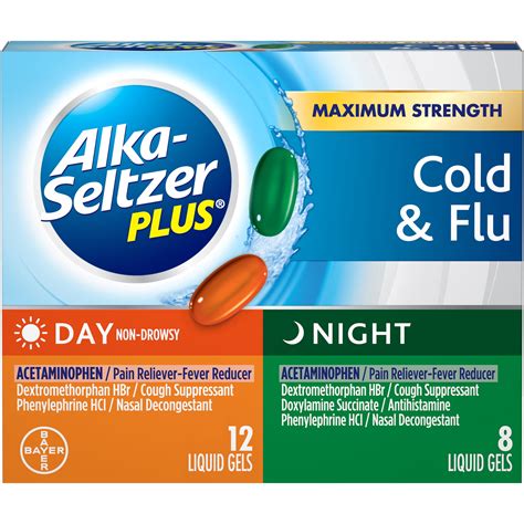 Alka-Seltzer Plus Maximum Strength Cold & Flu Medicine, Day + Night, Liquid Gels, 20 Count