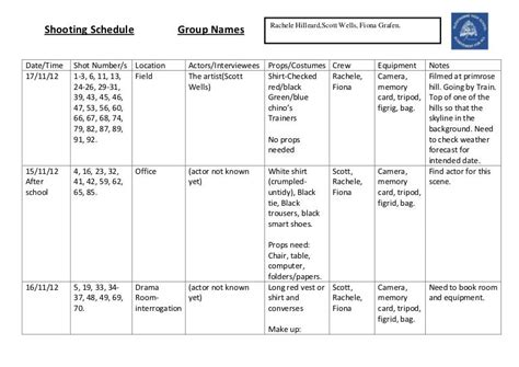 Blank shooting schedule