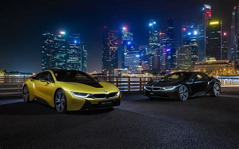 BMW i8, headlights, 2018 cars, nightscapes, new i8, yellow i8, black i8, supercars, HD wallpaper ...