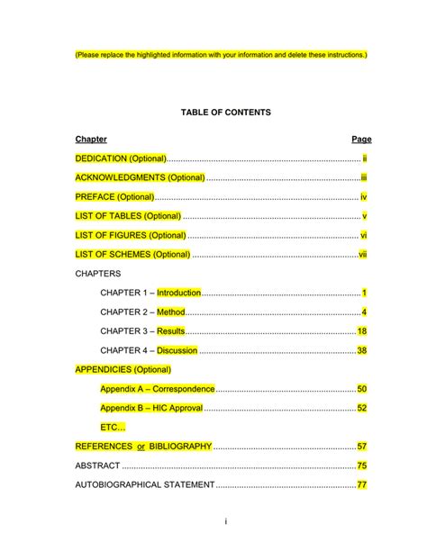 Table of Contents Template in Word and Pdf formats