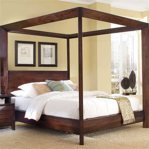 Queen Size Wooden Canopy Bed in Mocha Finish | Wood canopy bed, Wooden ...