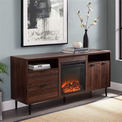 Mid century modern fully assembled tv stand with electric fireplace ...