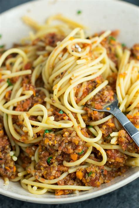 Vegetable bolognese recipe made with mushrooms, carrots, celery, garlic ...