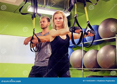 Sporty Male and Female Doing Trx Straps Exercises in a Gym Club. Stock ...