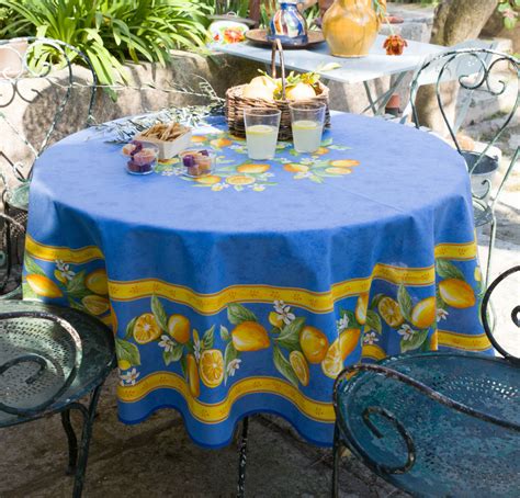 LEMON BLUE Acrylic Coated French Provence Tablecloth - French Oilcloth Indoor Outdoor Round ...