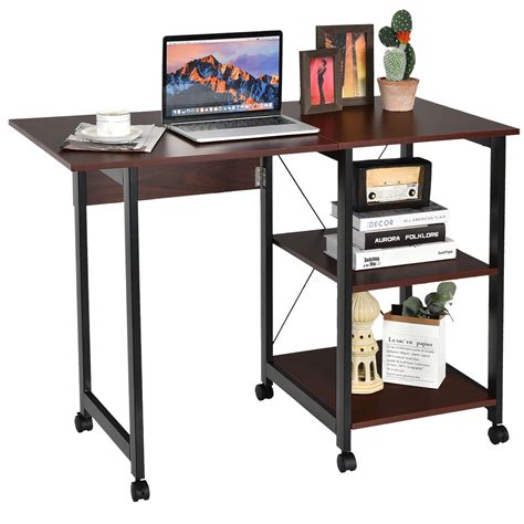 Costway Rolling Computer Desk Folding Writing Office Desk w/ Storage ...