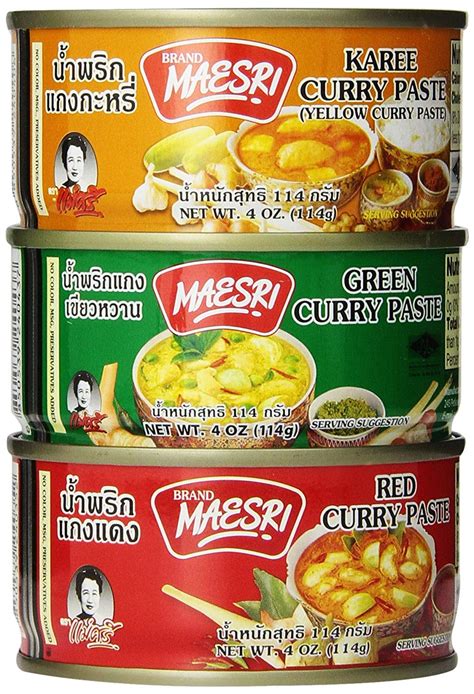 Maesri Thai Green, Red, & Yellow Curry Paste Set, 4 Ounce (2 Cans Each ...