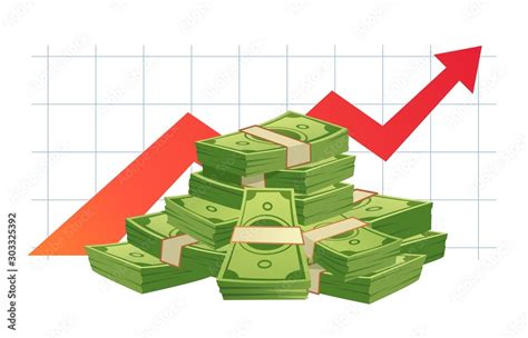 Vetor de Growing cash graph. Pile of cash, money value red rising graph ...