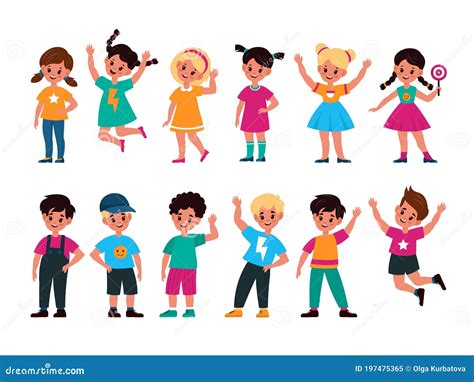 Happy Kids. Joyful Preschool Children in Different Action Poses, Waving Hand, Jumping and ...