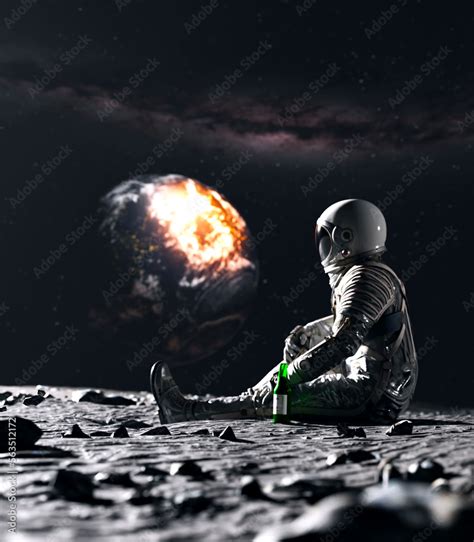 Astronaut drinking beer on the moon. astronaut lying on the moon drinking beer watching earth ...