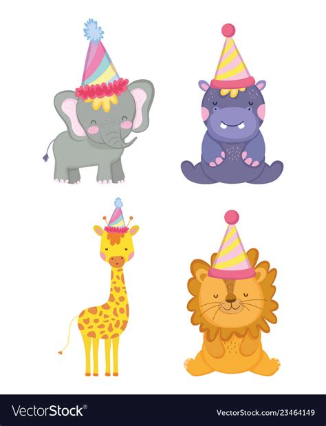 Set cute animals with party hat celebration Vector Image