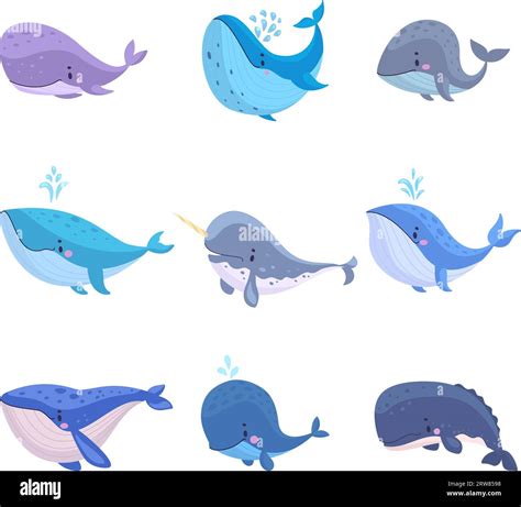 Cartoon whales. Cute underwater whale characters, marine animals. Isolated childish animal for ...